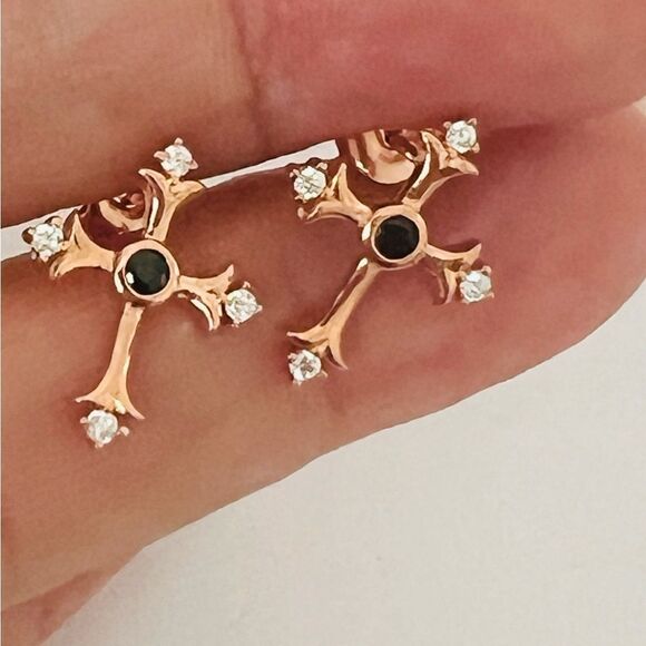 Rose gold plated Cross design earrings tiny clear CZ & black enamel - Picture 4 of 6